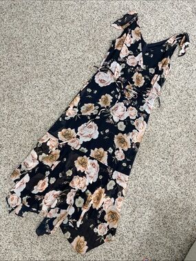 White House Black Market Navy Floral Midi Dress with Blush & Tan Roses